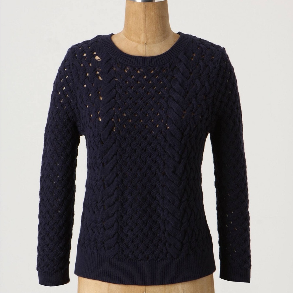 Anthropologie Knitted & Knotted Evening Chill Navy Cotton Pullover Sweater S